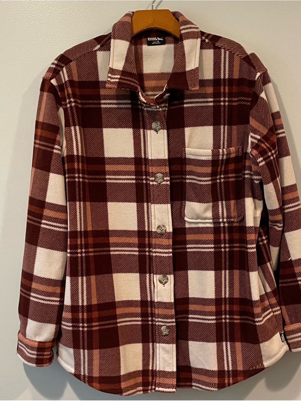 Eddie Bauer Burgundy and Cream Plaid Microfleece Button-Down Shirt